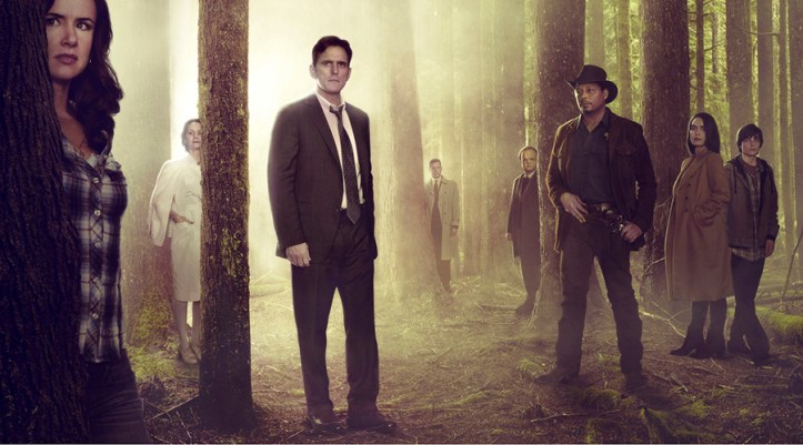 WAYWARD PINES:  Based on a best-selling novel and brought to life by suspenseful storyteller M. Night Shyamalan (“The Sixth Sense”), WAYWARD PINES is an intense, mind-bending 10-episode thriller starring Academy Award nominee Matt Dillon (“Crash”) as a Secret Service agent on a mission to find two missing federal agents in the bucolic town of Wayward Pines, ID. Every step closer to the truth makes him question if he will ever get out of Wayward Pines alive.  WAYWARD PINES will join the schedule in 2015 on Fox.  Pictured L-R:  Juliette Lewis, Melisa Leo, Matt Dillon, Tim Griffin, Toby Jones, Terrence Howard, Shannyn Sossamon, Charlie Tahan, Reed Diamond and Carla Gugino. ©2014 Fox Broadcasting Co.  Cr:  Frank Ockenfels/FOX